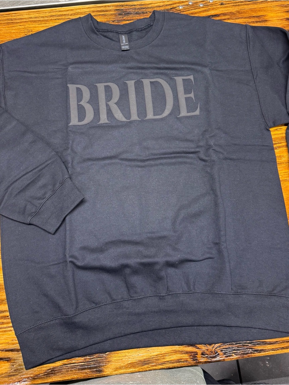 Gildan Black Crewneck Sweatshirt with 'BRIDE' Tonal Print